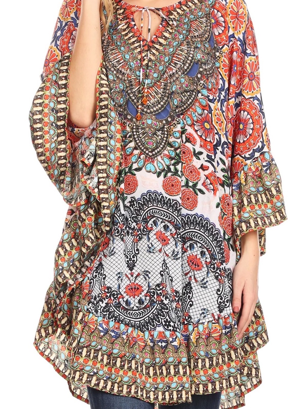 Sakkas Delu Women's Loose V Neck Blouses Top Tunic with Ruffles And Rhinestone